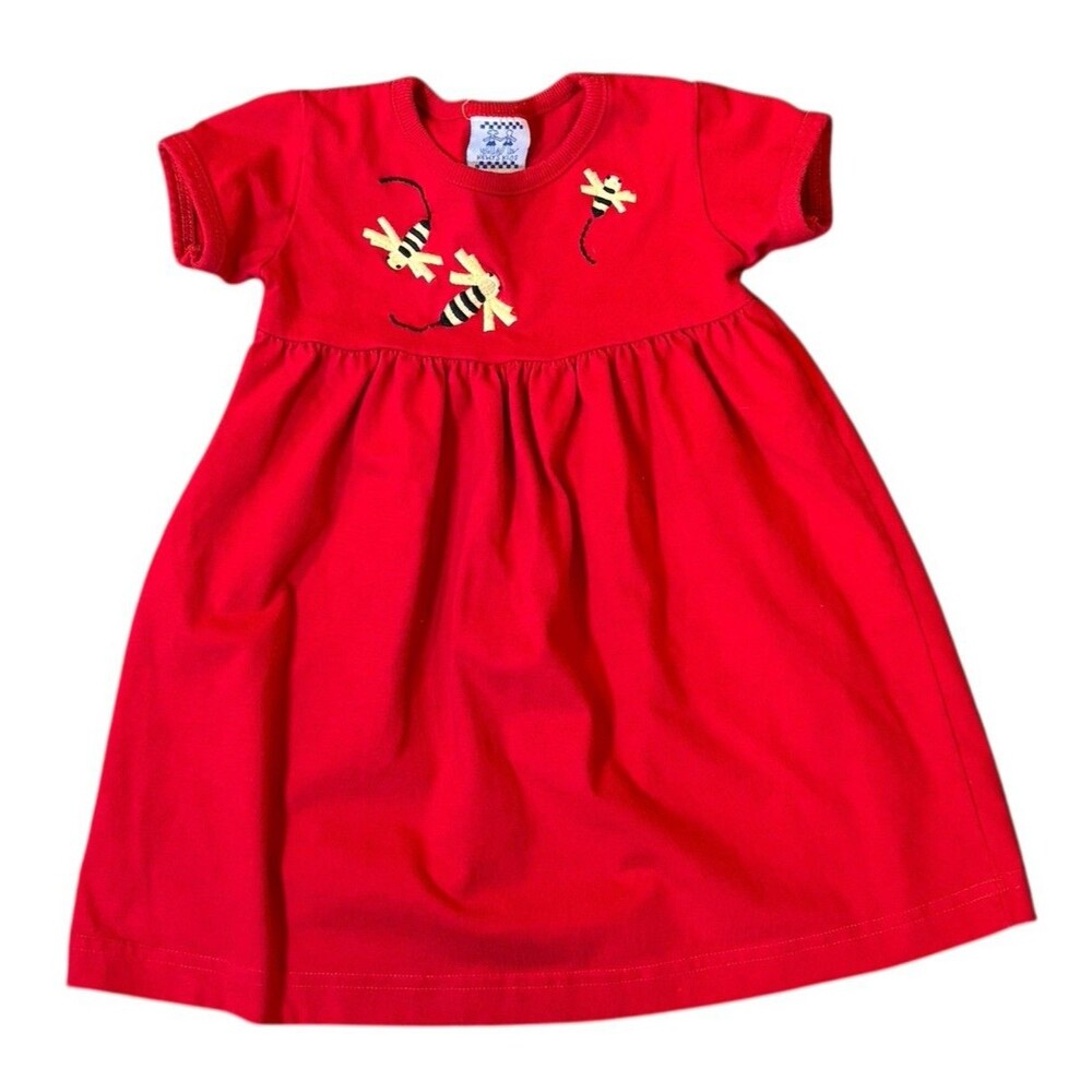 Vintage Kelly’s Kids Red Dress 18M Bee Embroidery Short Sleeve Cotton Blend 90s